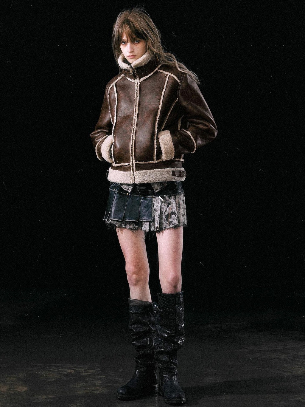 Cest Nous Thick Fleece Lined Street Straight Fit Patch Zipfront Brown Pu Leatherjackets