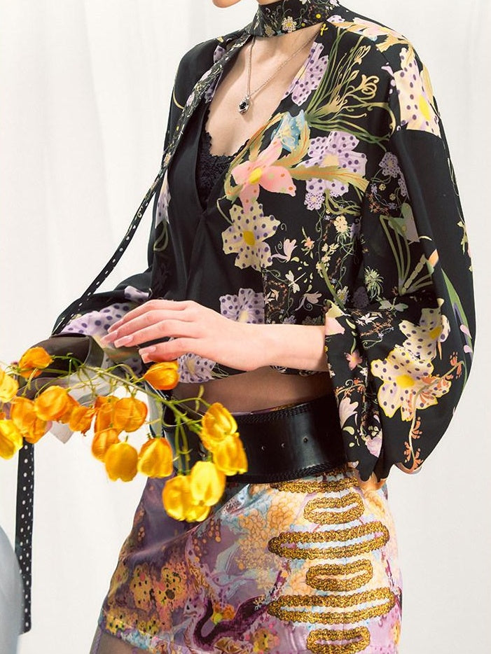 OfAkiva Slimming Vintage Loose Floral Chiffon V-neck Long Sleeve Women Printed Blouses