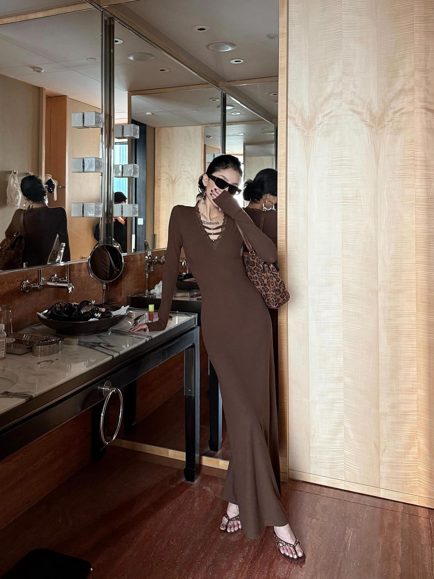 ZERO Slim V-neck Long Sleeve Patchwork Knit Mermaid Street Casual Women Maxi Dresses