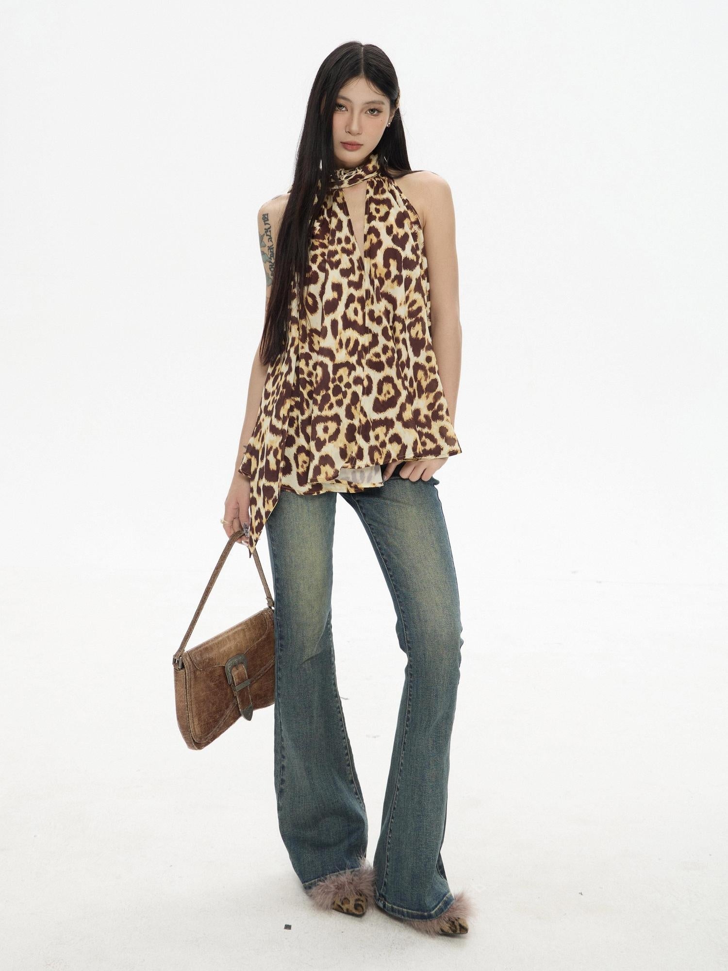 ZERO Lightweight Chiffon Leopard Print Loose Streetwear Women Halter Crop Tops