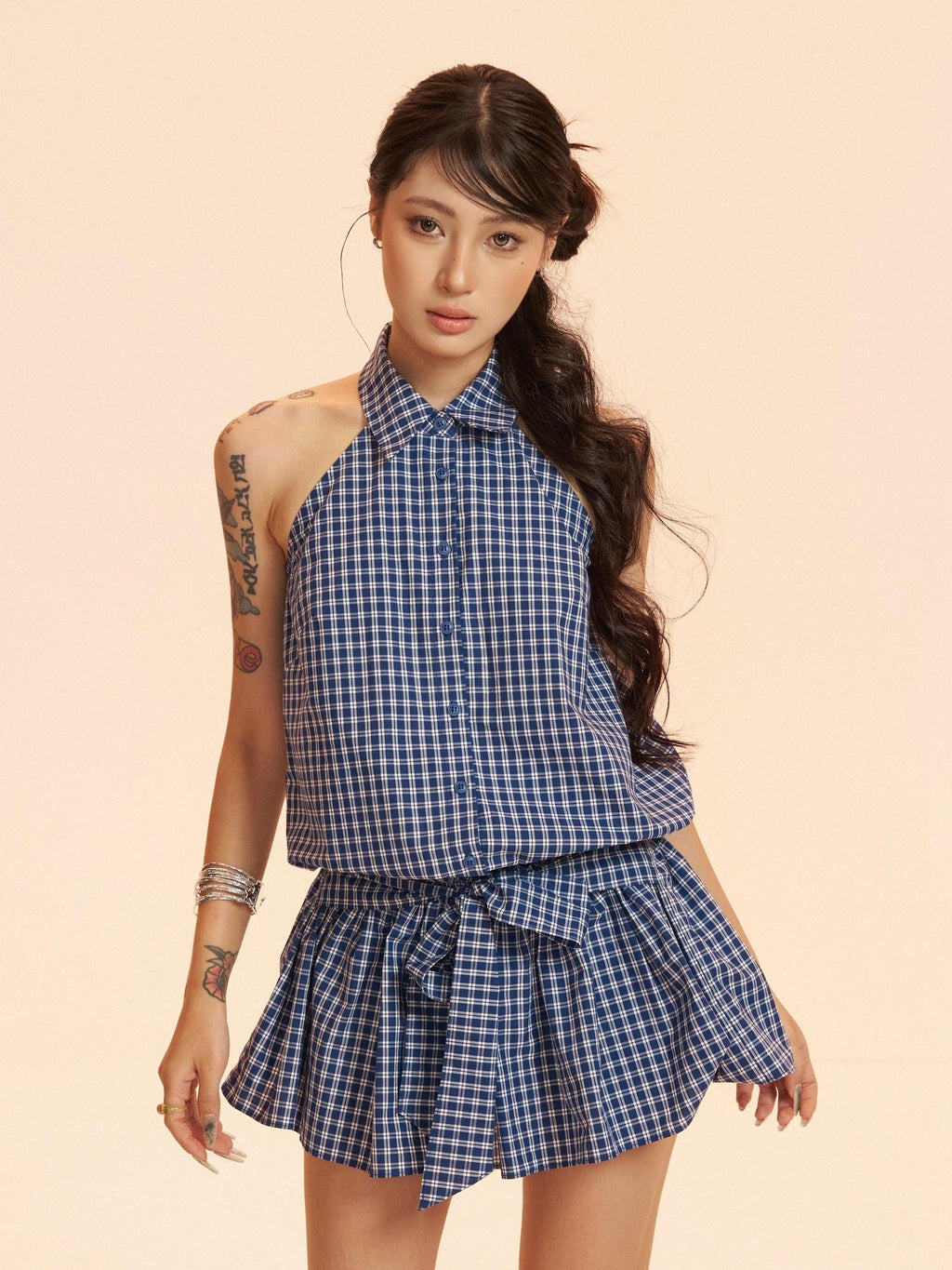 ZERO Soft Cotton Plaid Tie A Line Stand Collar Women Citywalk Mini Dresses