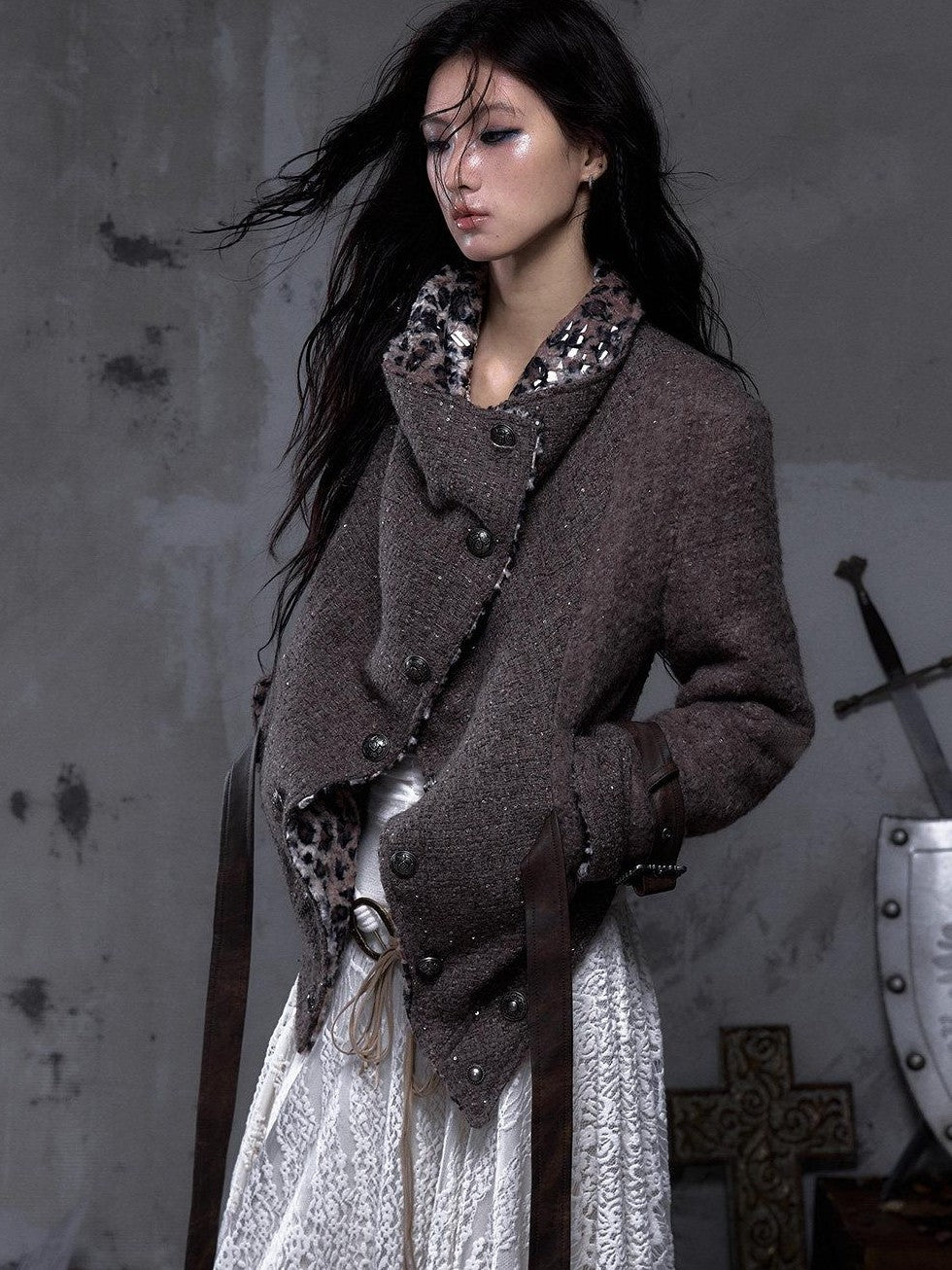 NO ROMANCE Leopard Print Patchwork Reversible Lapel Women'S Boucle Tweed Plush Short Coats