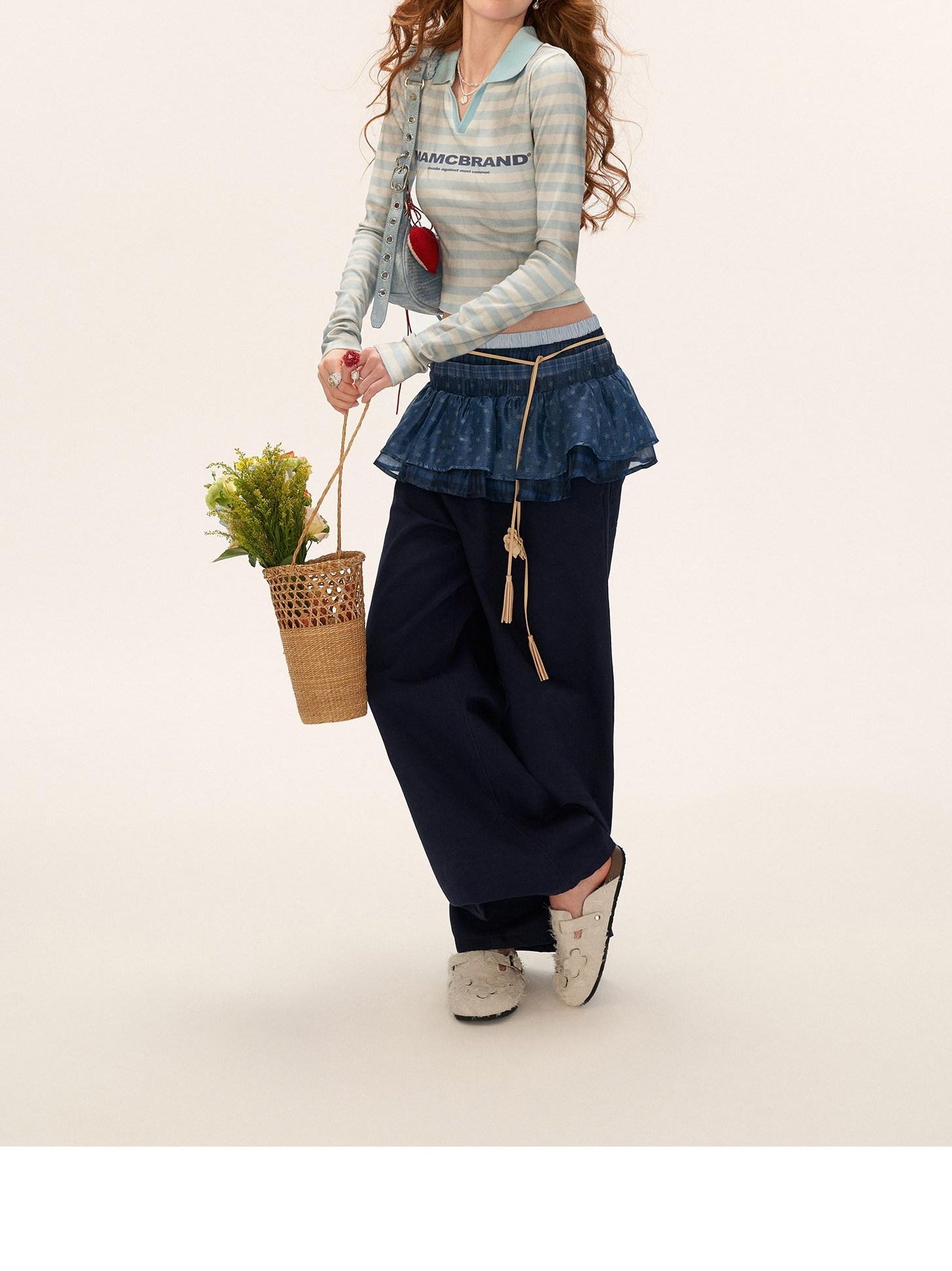 MAMC 100% Cotton Patchwork Relaxed Natural Waist Casual Womens Blue Wide Leg Pants