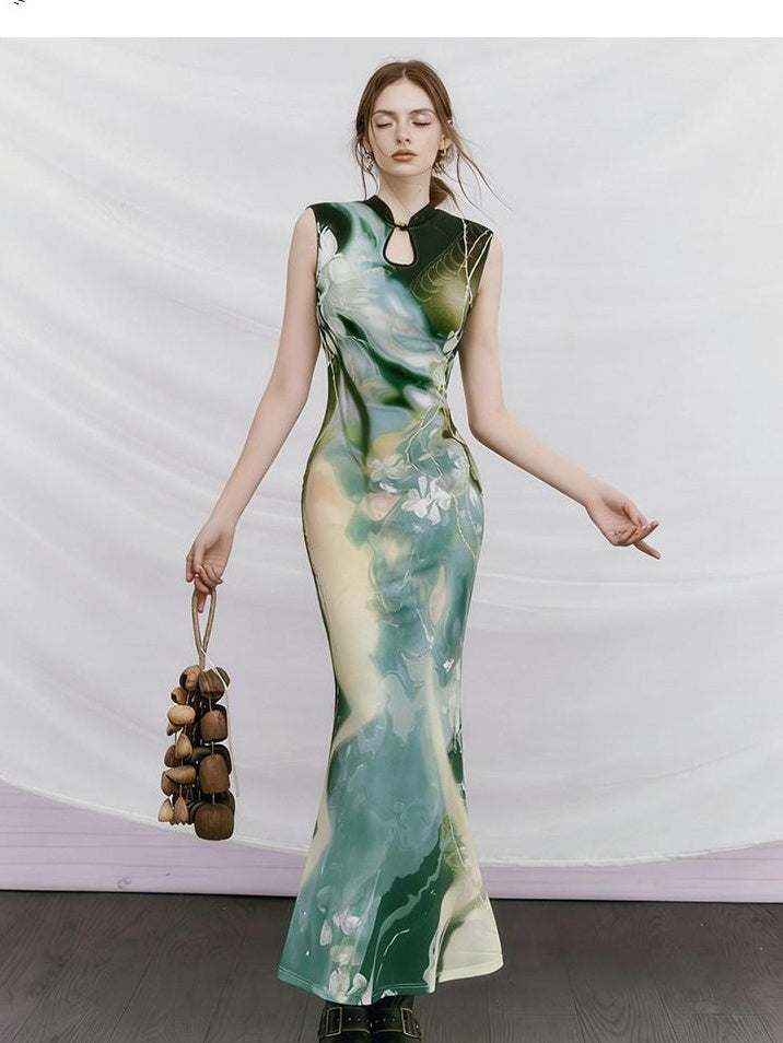 OfAkiva Printed High Waist Stand Collar Sleeveless Slim Mermaid Women Maxi Dresses