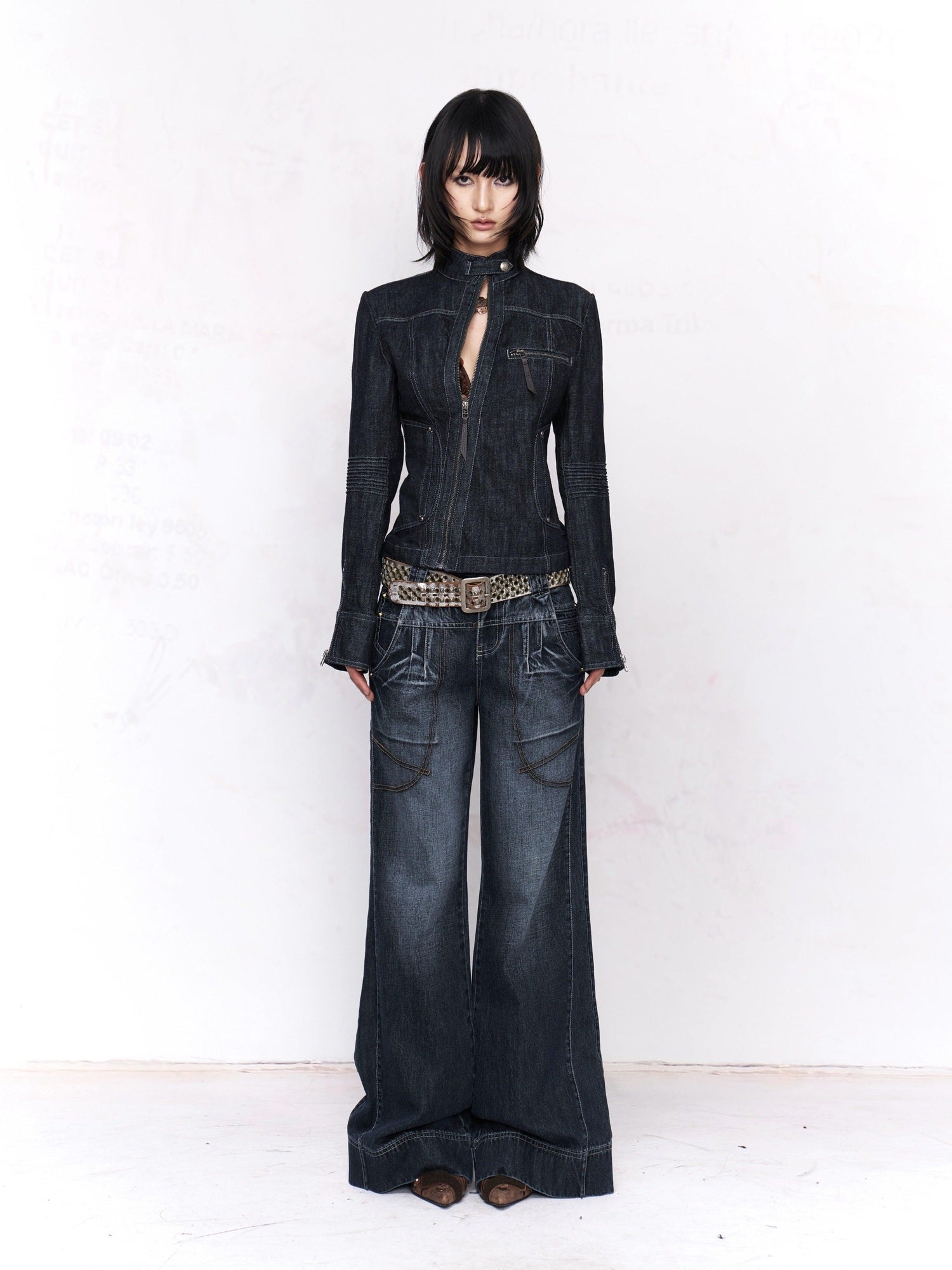 Flowers birds Market Washed Blue Distressed Natural Waist Pockets Button Fly Women Wide-Leg Jeans