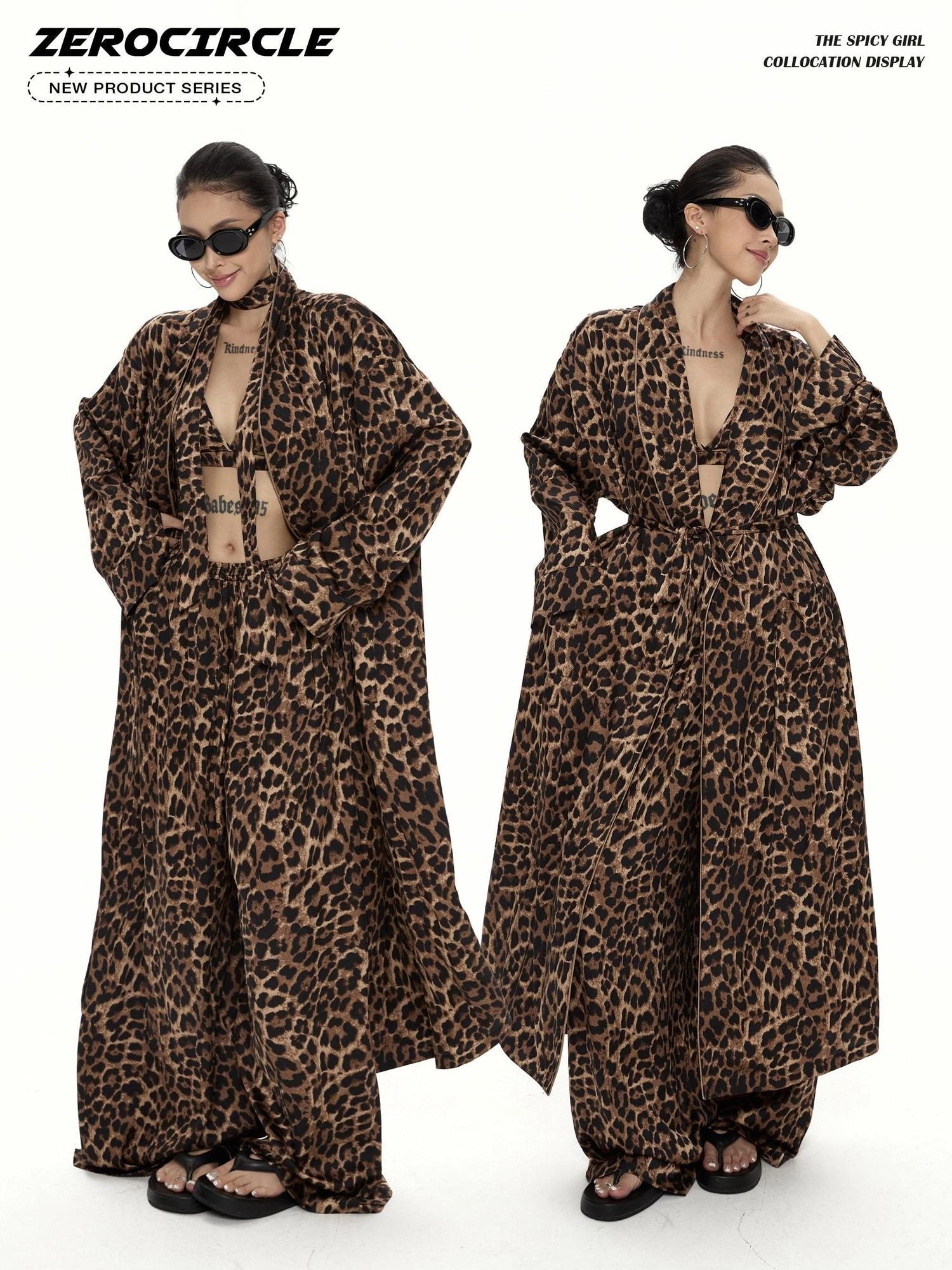 ZERO Leopard Print Three Piece Loose V-neck Cardigan Casual Women Top & Pants Sets