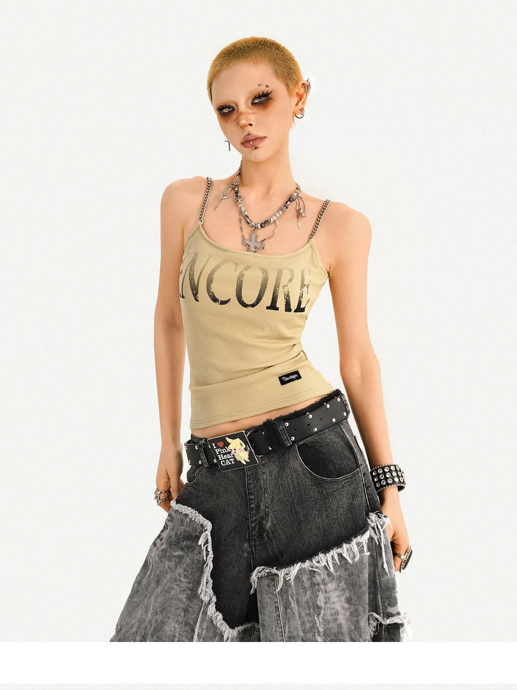 Nico Molly Loose U Neck Printed Short Non Padded Women Layering Khaki Black Camisoles