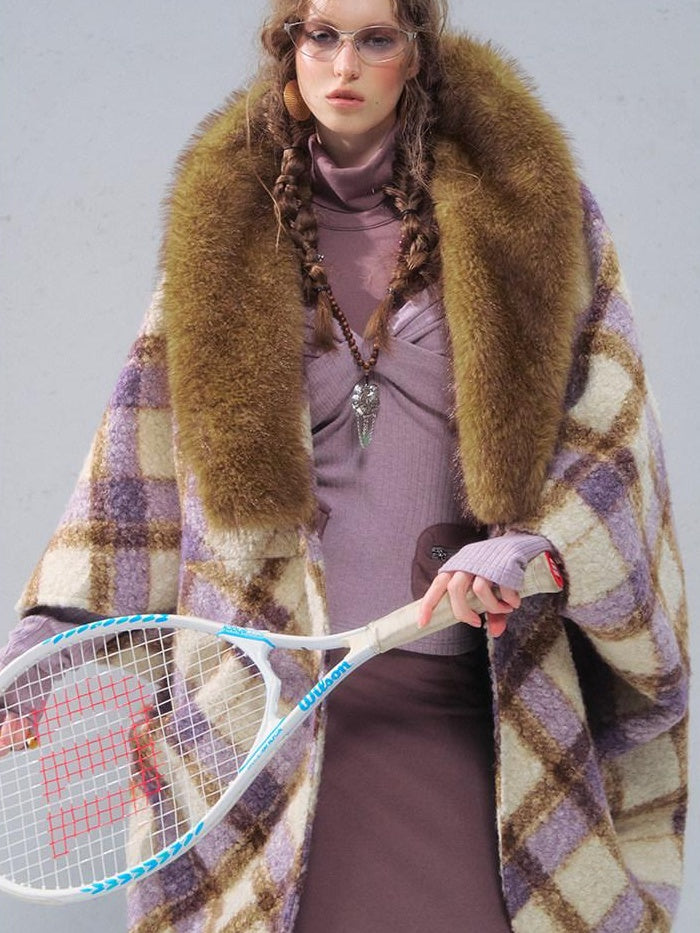 OfAkiva Cozy Thick Vintage Cape Silhouette V-neck Mid Length Plaid Women Jackets