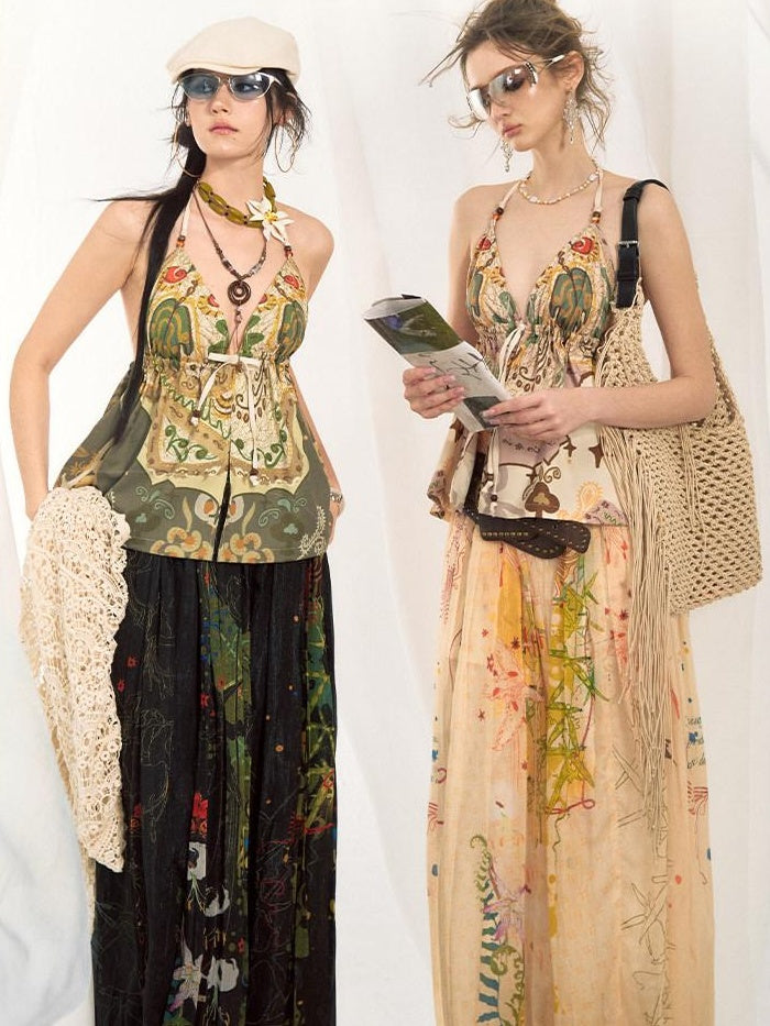 OfAkiva Dark Gothic Floral Embroidered Lantern Natural Waist Casual Women Wide Leg Pants