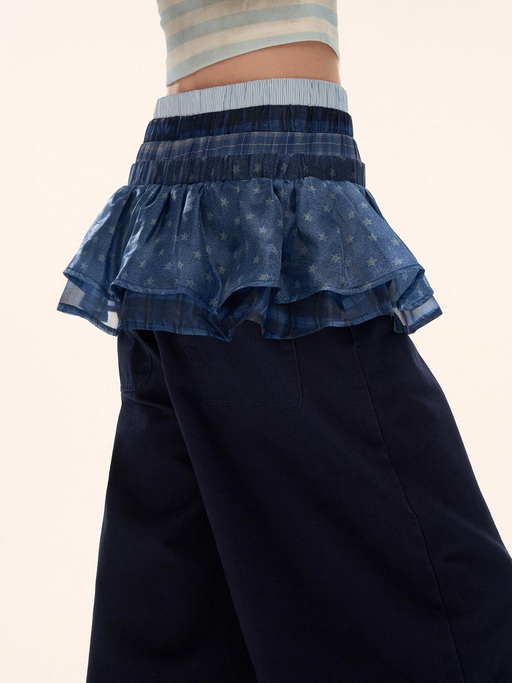 MAMC 100% Cotton Patchwork Relaxed Natural Waist Casual Womens Blue Wide Leg Pants