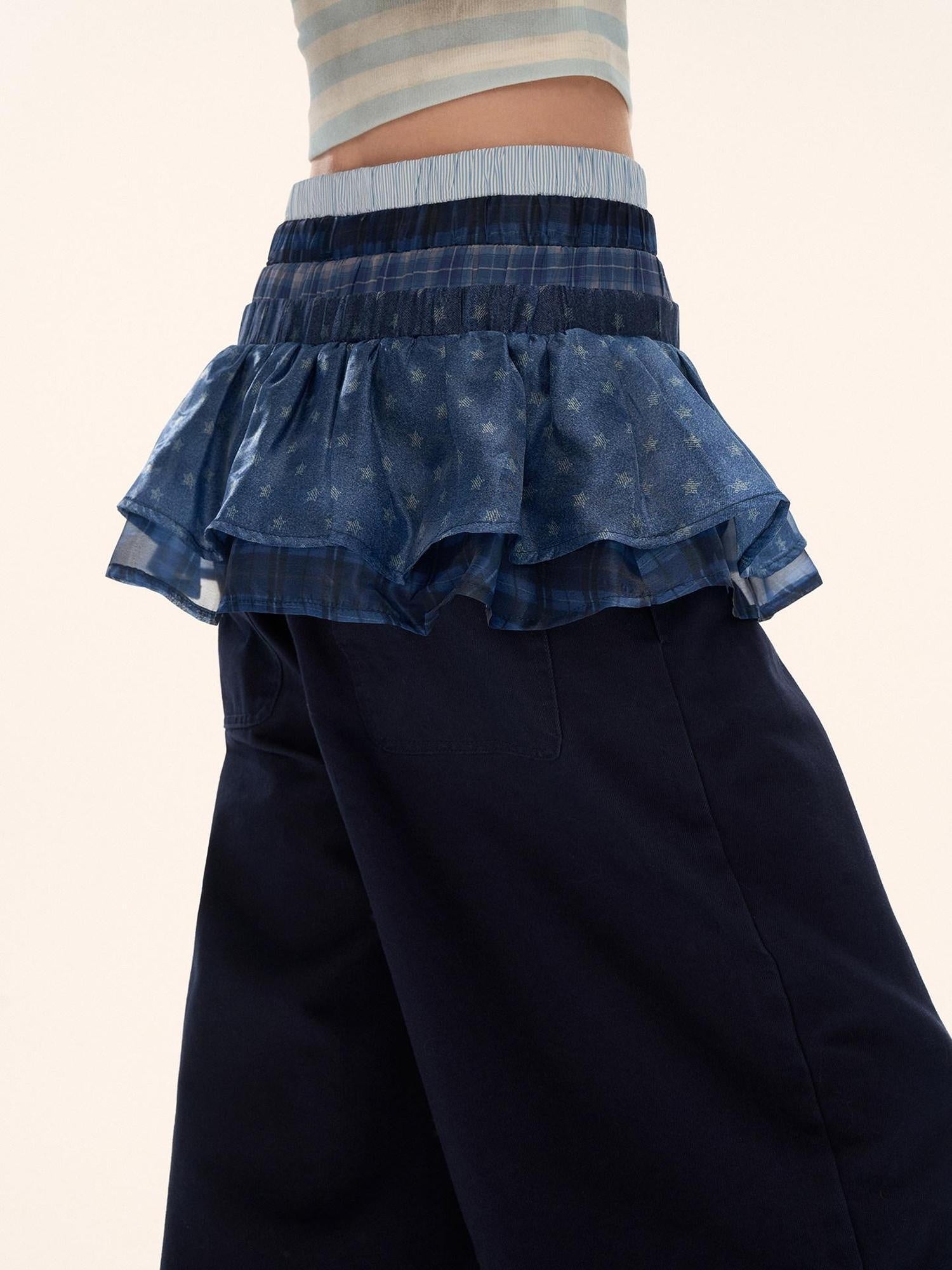 MAMC 100% Cotton Patchwork Relaxed Natural Waist Casual Womens Blue Wide Leg Pants