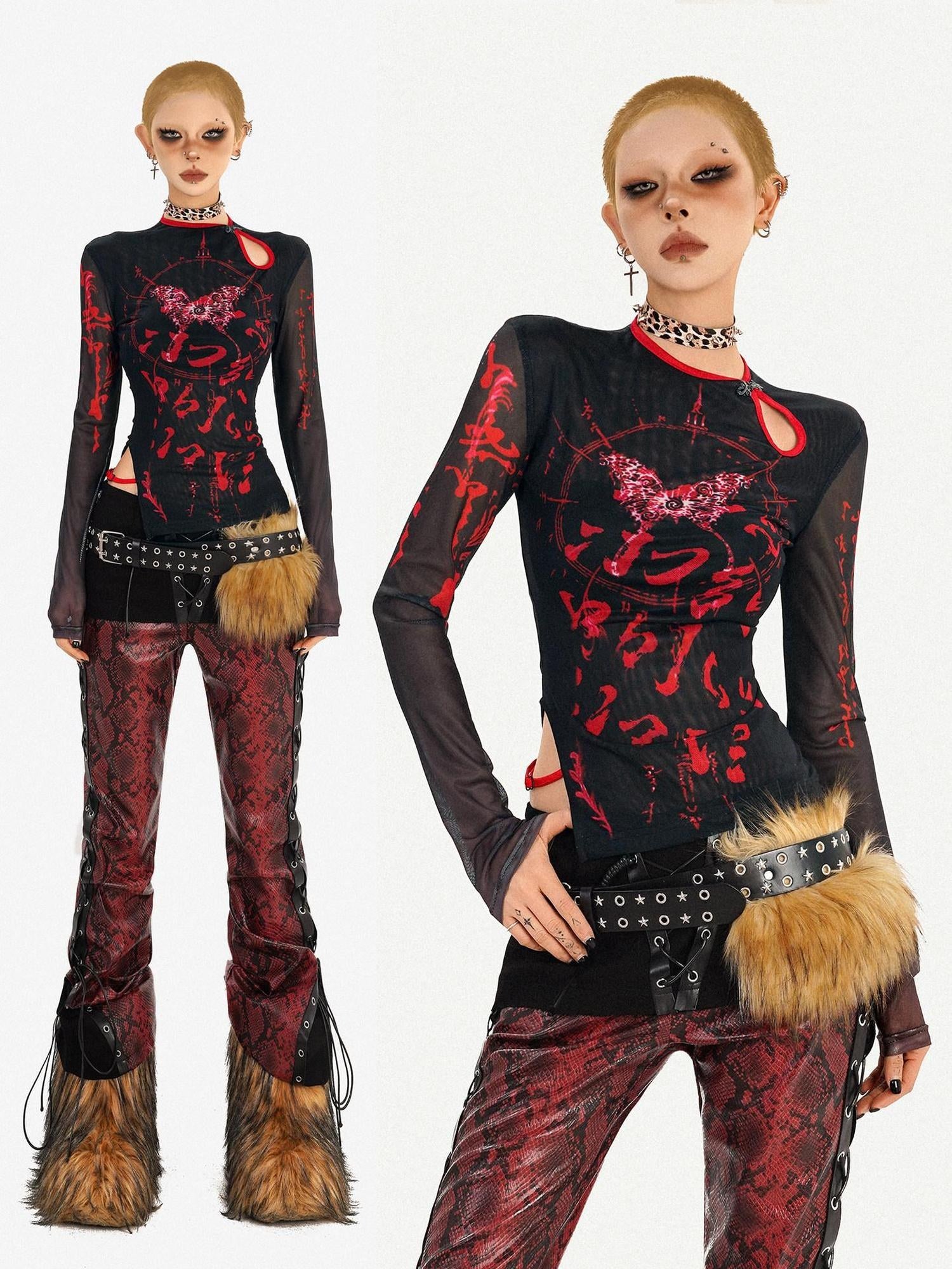 Nico Molly Dark Gothic Mesh Butterfly Print Asymmetric Slim Fit Women Long Sleeve T-Shirts