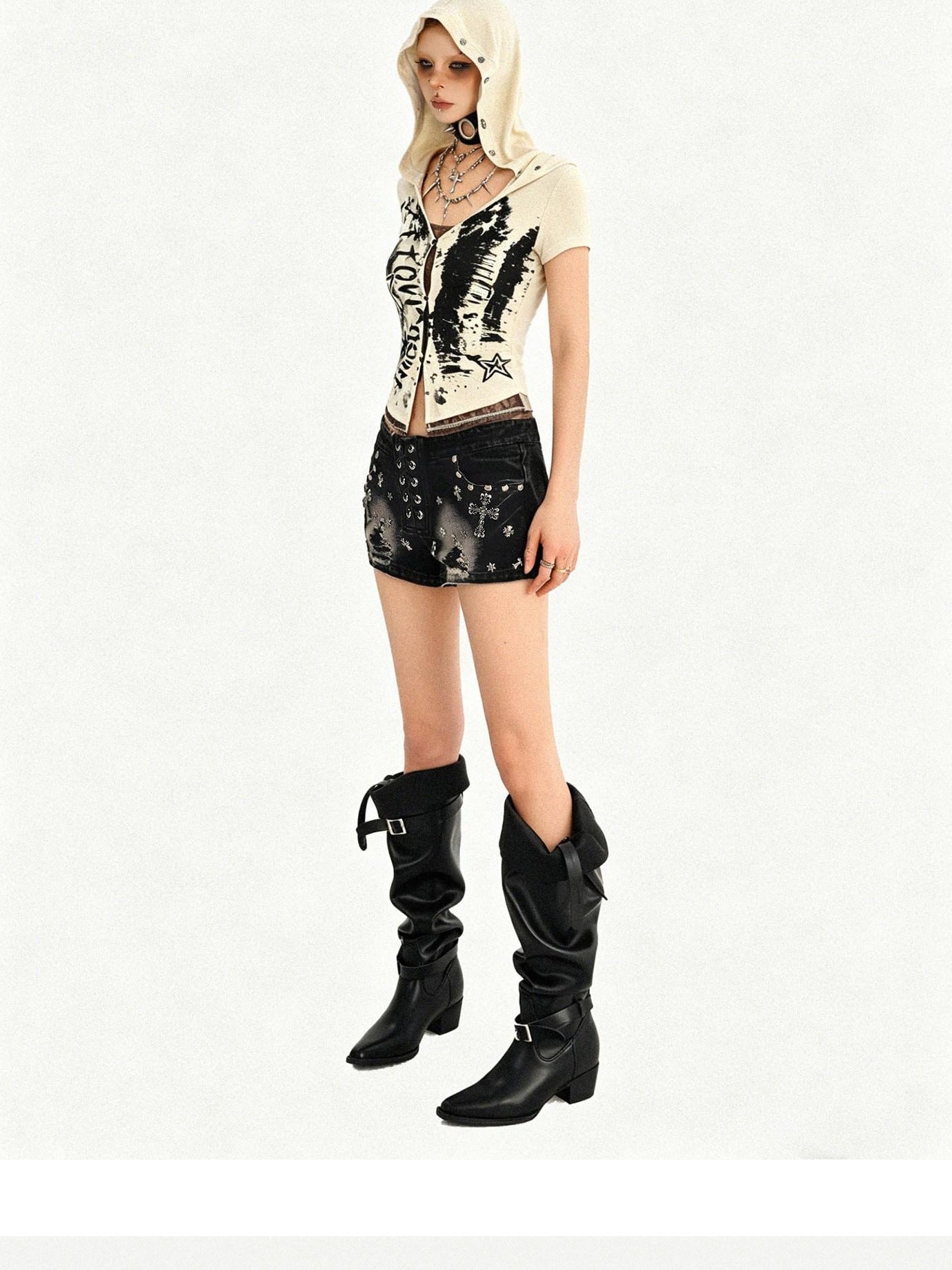 Nico Molly Cinched Waist Lace Skull Punk Faux Two Piece Cropped Women Off White Hoodie