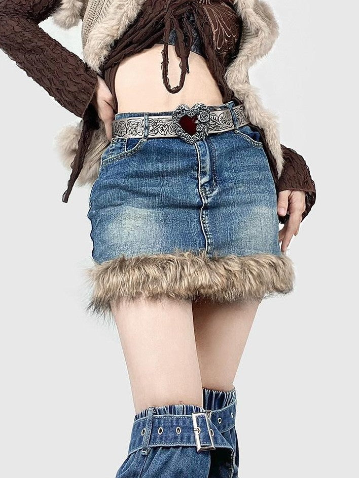 REDDACHIC American Vintage High Waist Bodycon Street Women'S Plush Denim Mini Skirts