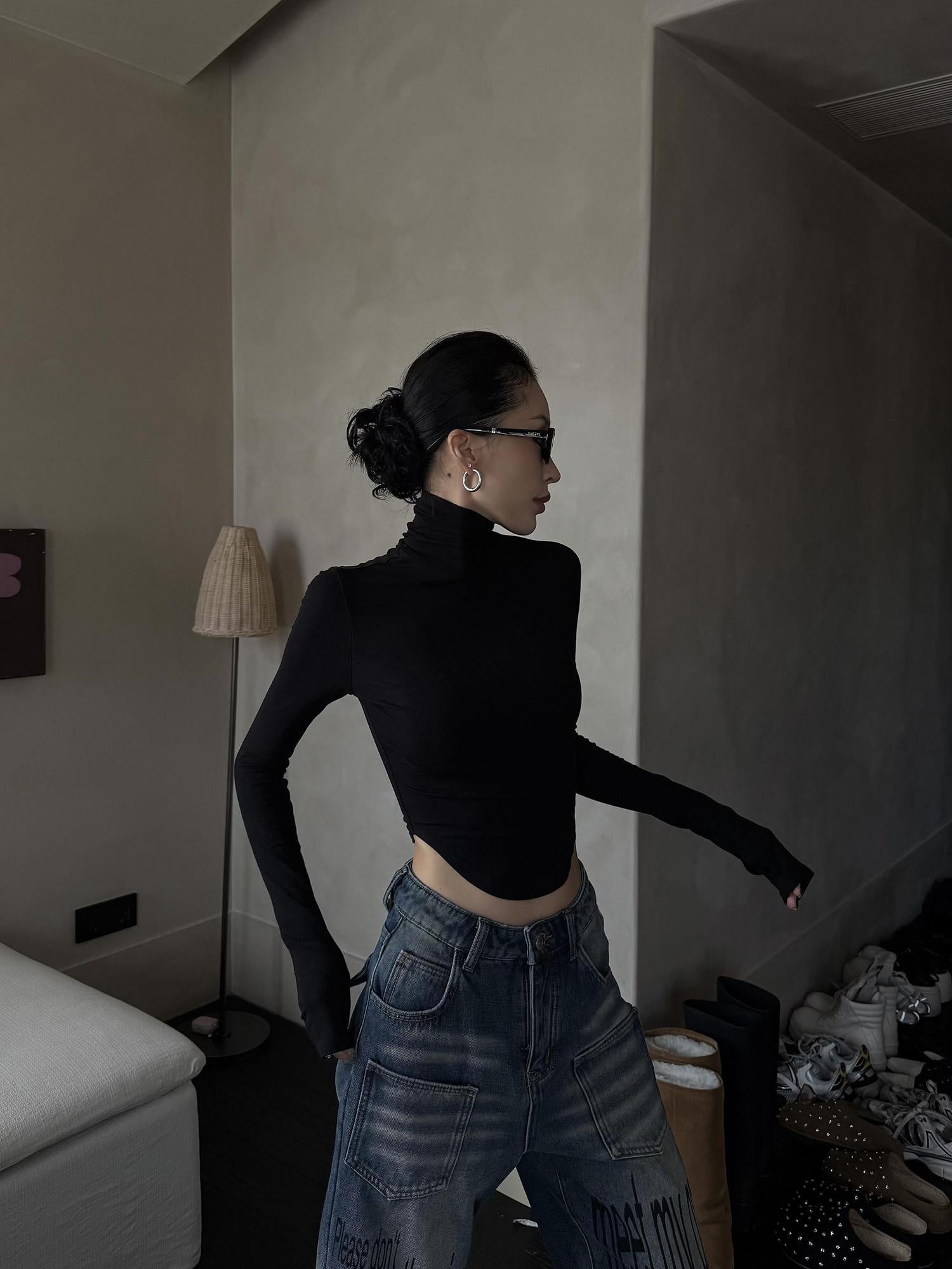 ZERO Lyocell Knit Thick Slim Cropped Top Casual Women Black Long Sleeve Crop Tops