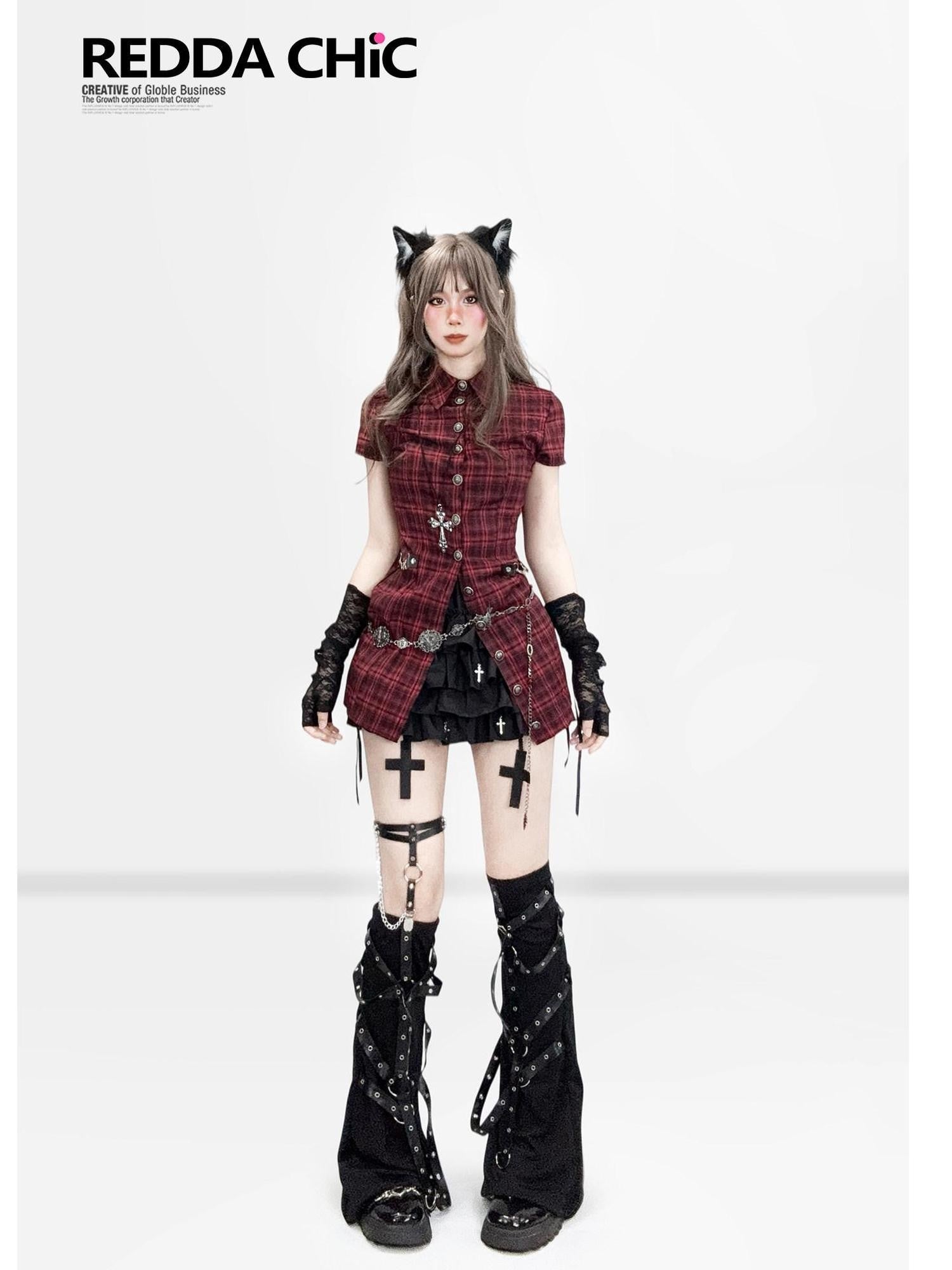 REDDACHIC Dark Punk Cross Tiered Cake Pleated Women'S Polyester Skorts