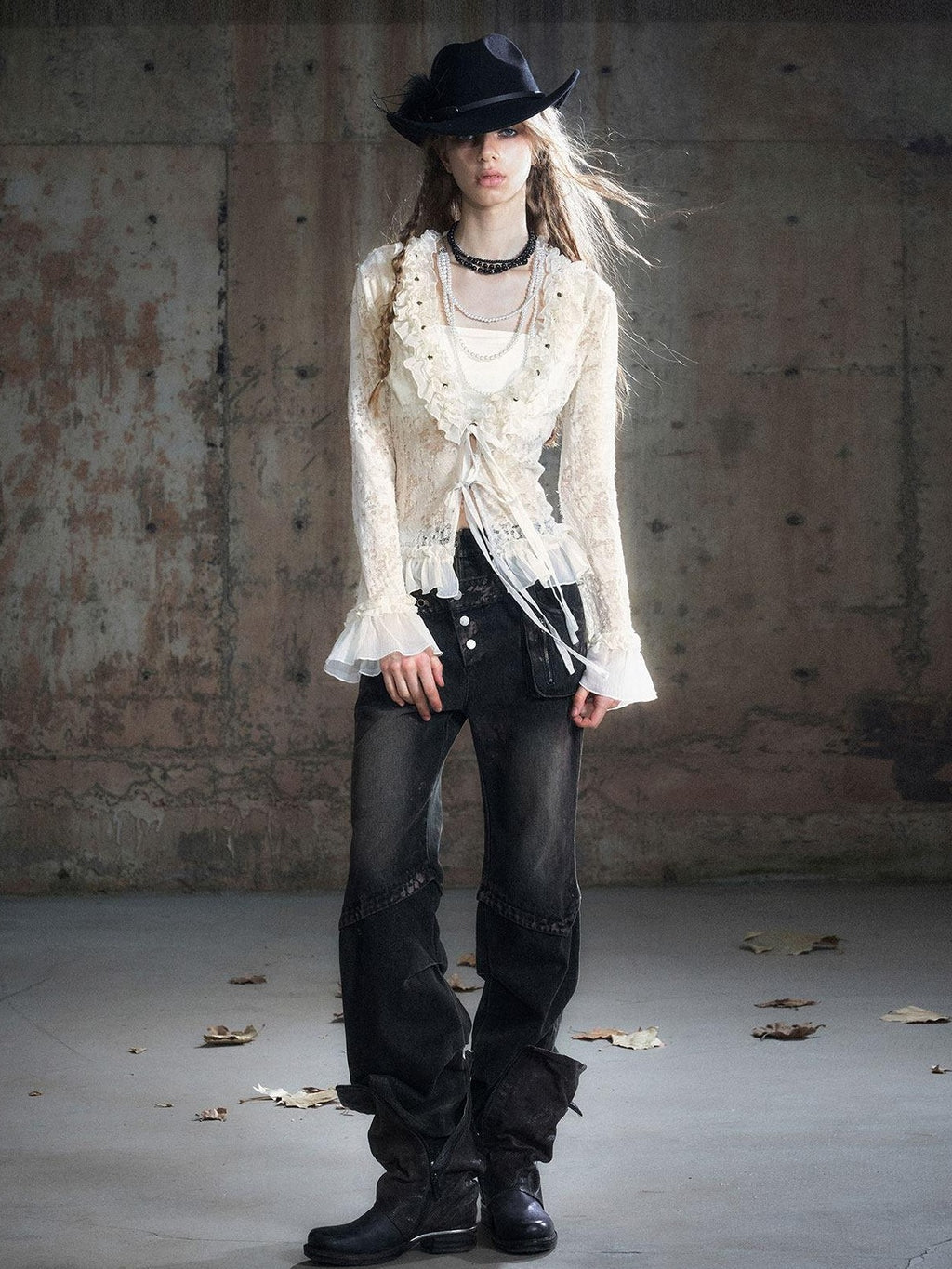 Cest Nous Patchwork Punk Low Waist Asymmetric Women Washed Black Cotton Straightlegjeans