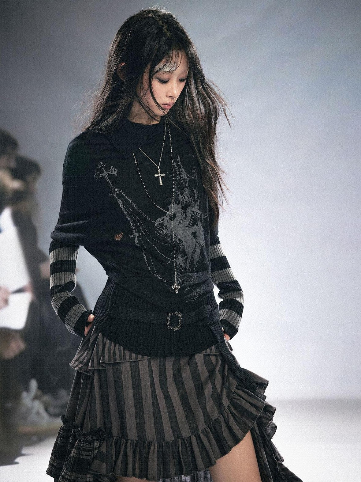 Cest Nous Cozy Wool Blend Punk Batwing Sleeve Regular Fit Women Striped Character Knitwear
