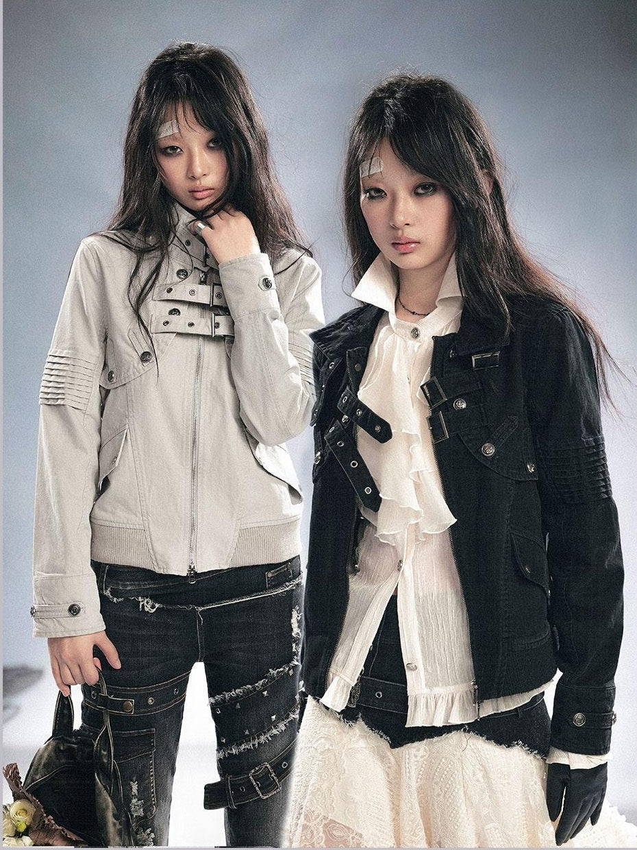 Cest Nous Detachable Punk Long Sleeve Zip Front Women Cotton Black Croppedjackets