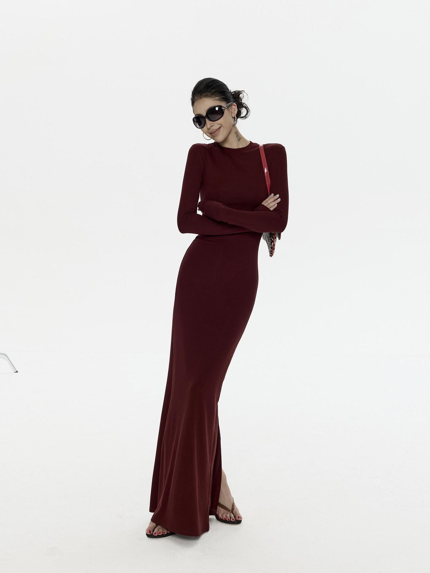ZERO Soft Stretch Viscose T Shirt Long Sleeve Casual Deep Red Maxi Dresses