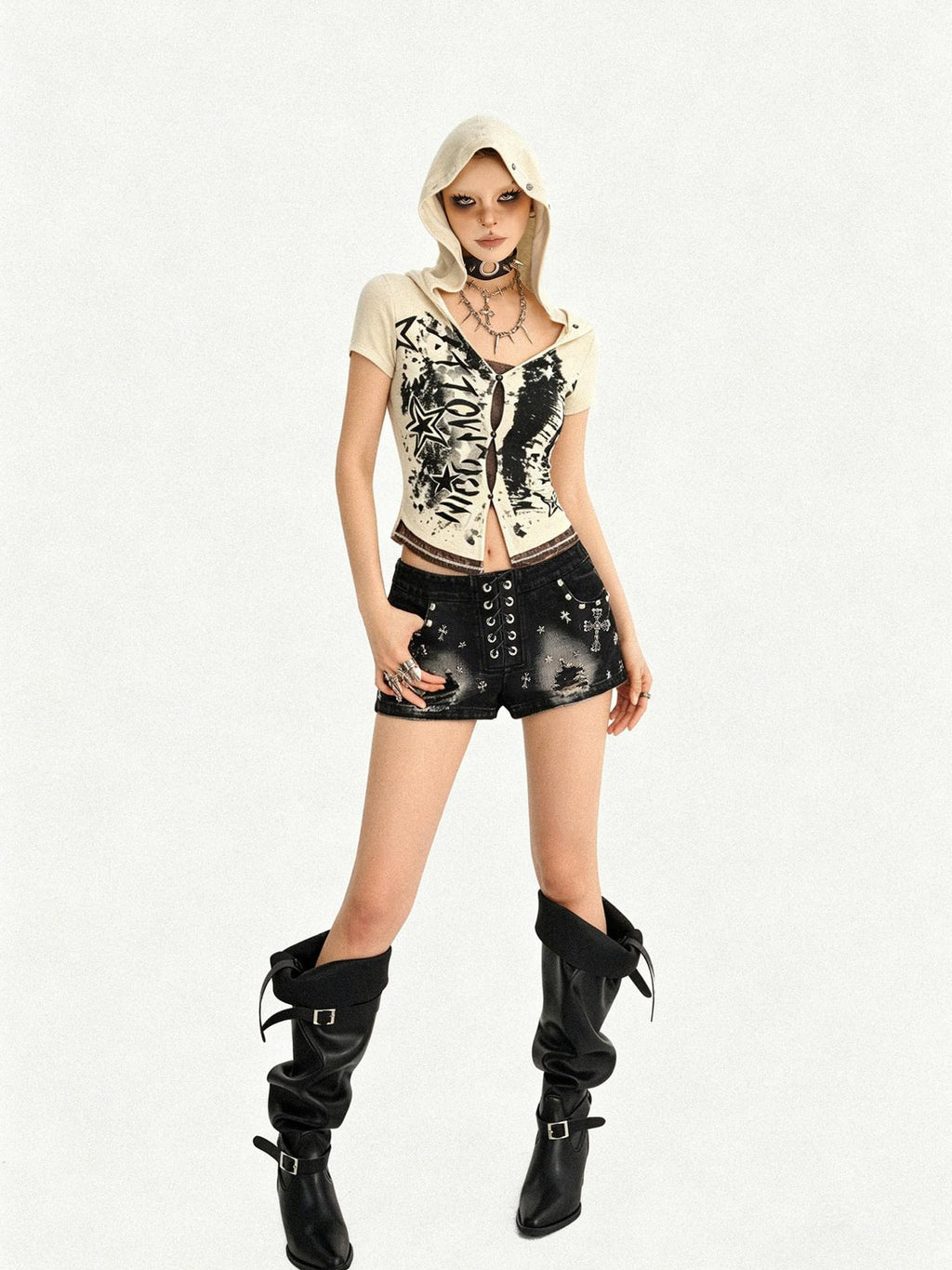 Nico Molly Cinched Waist Lace Skull Punk Faux Two Piece Cropped Women Off White Hoodie