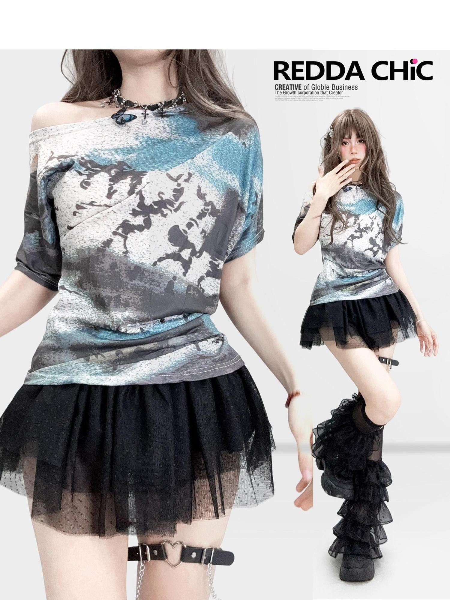 REDDACHIC Retro Gradient Tiedye Abstract One Shoulder Slim Women'S Short Sleeve T-Shirts