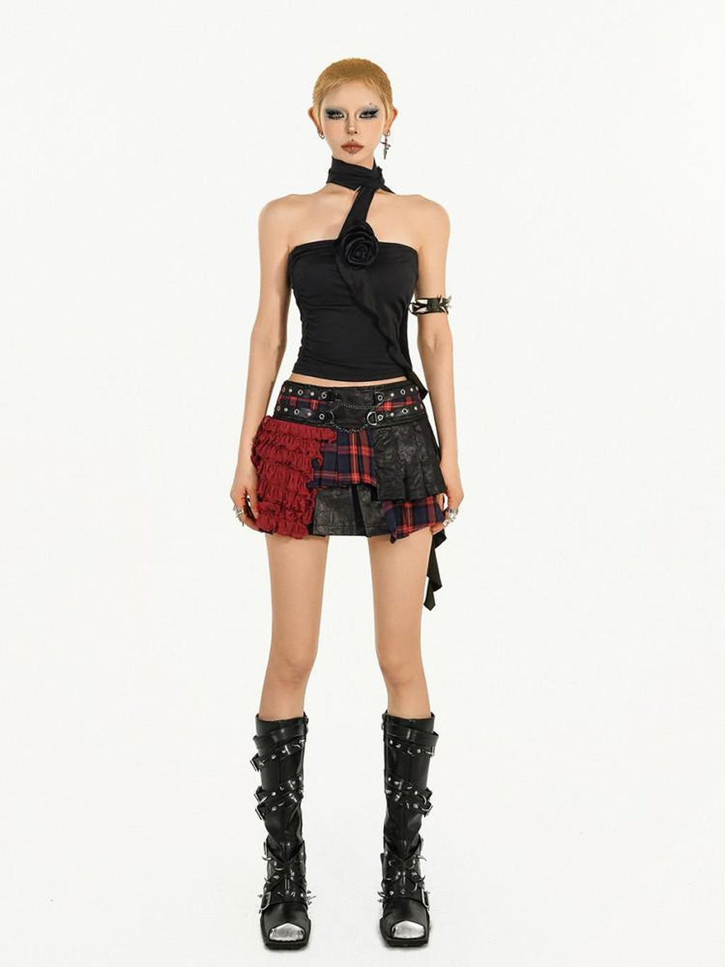 Nico Molly Edgy Punk Pleated Patchwork Zipper Mid Waist Women Citywalk Red Mini Skirts