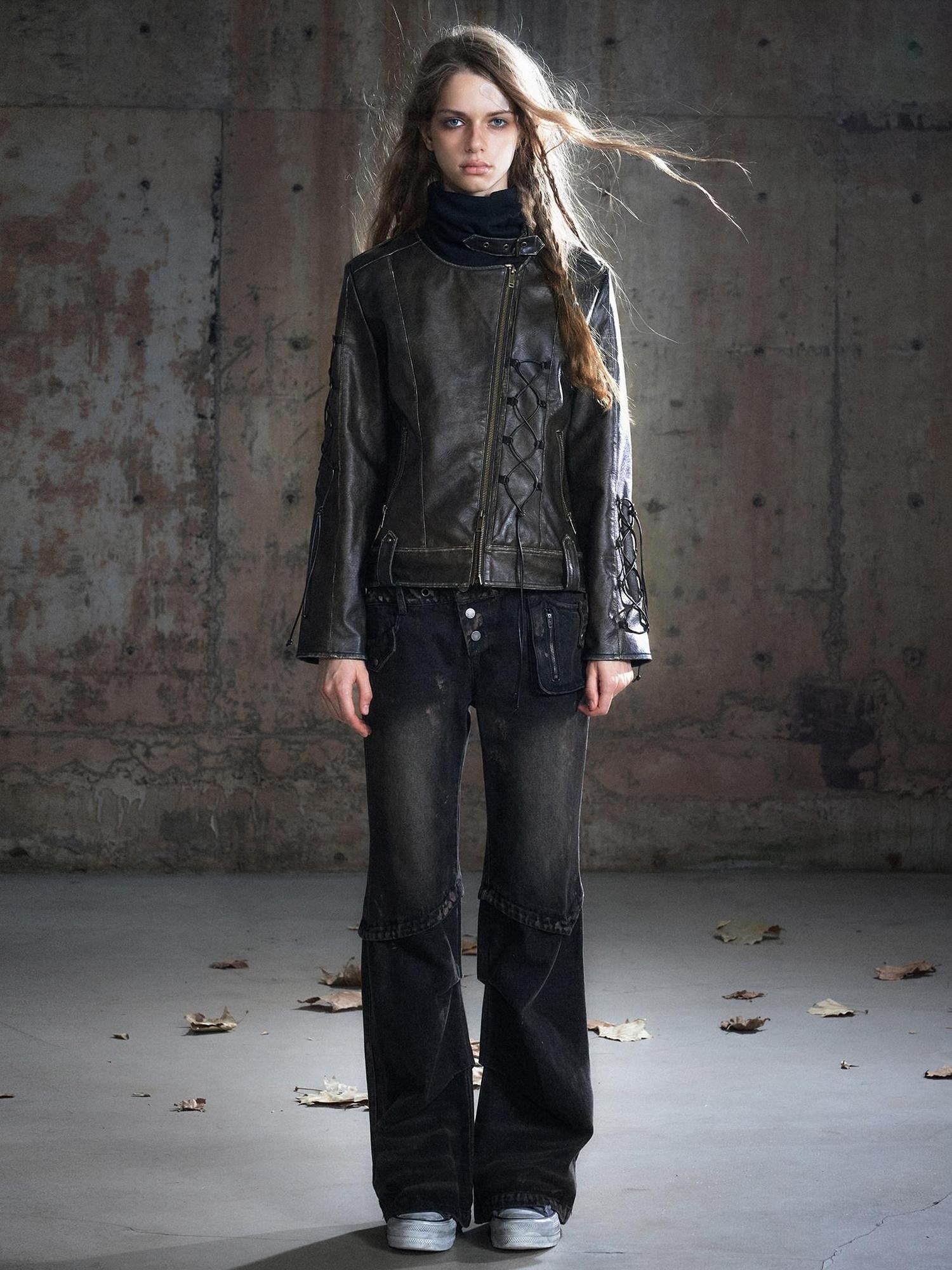Cest Nous Patchwork Punk Low Waist Asymmetric Women Washed Black Cotton Straightlegjeans