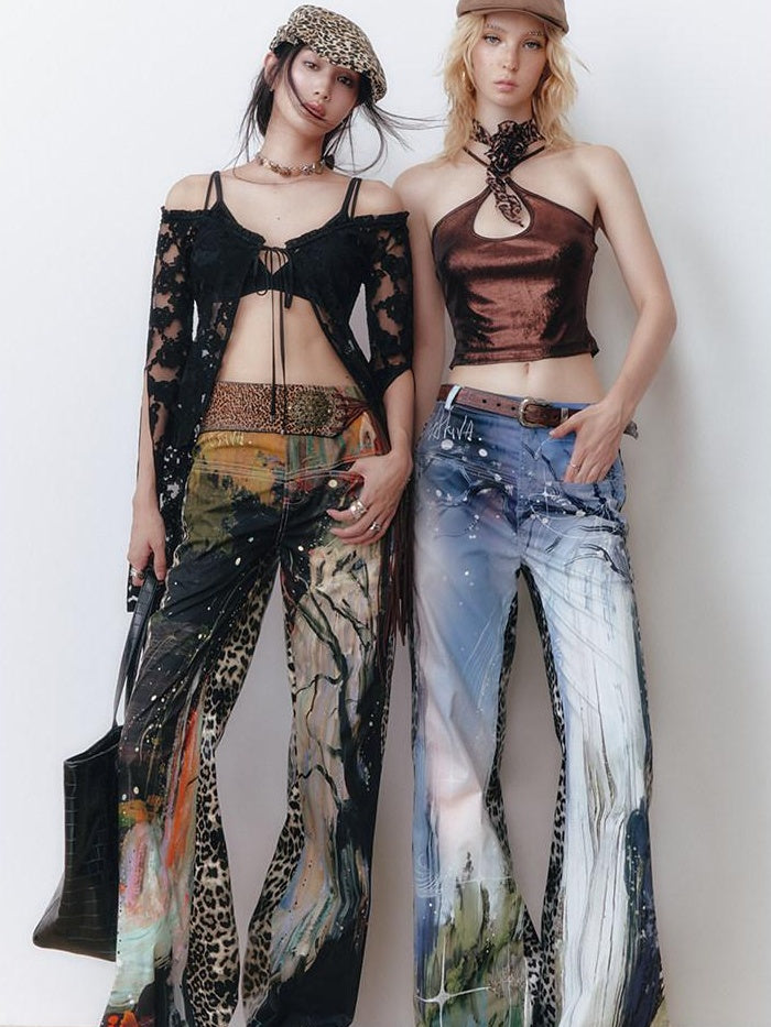 OfAkiva High Waist Leopard Patchwork Commuter Womens Straight Cut Flared Pants