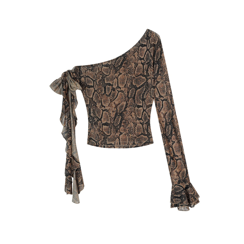 ZERO_Rhinestone_Mesh_Snake_Print_Slim_Asymmetric_Neck_Stretch_Long_Sleeve_Crop_Tops_MISSTT