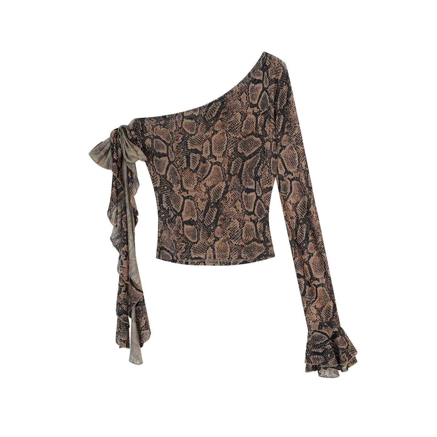 ZERO_Rhinestone_Mesh_Snake_Print_Slim_Asymmetric_Neck_Stretch_Long_Sleeve_Crop_Tops_MISSTT