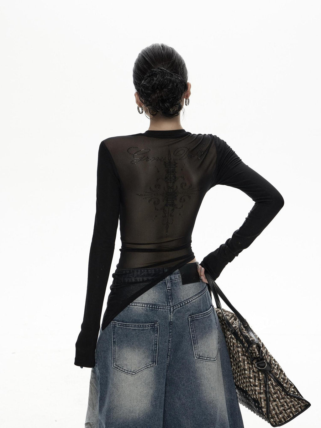 ZERO Rhinestone Mesh Lyocell Slim Cropped Women Black Long Sleeve T-Shirts