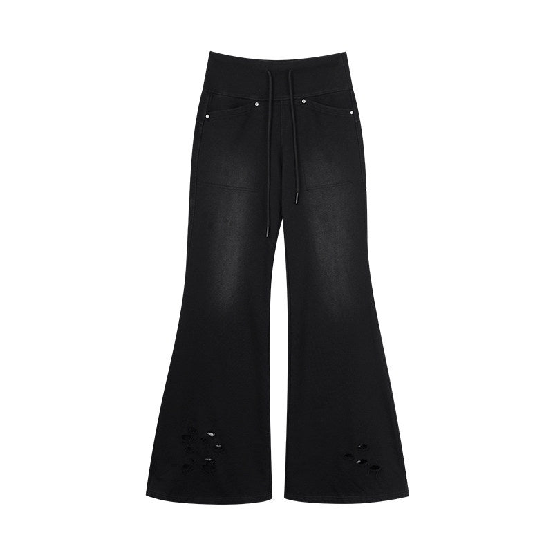 ZERO_Soft_Washed_Cotton_Low_Rise_Elastic_Waist_Loose_Street_Women_Black_Flared_Pants_MISSTT