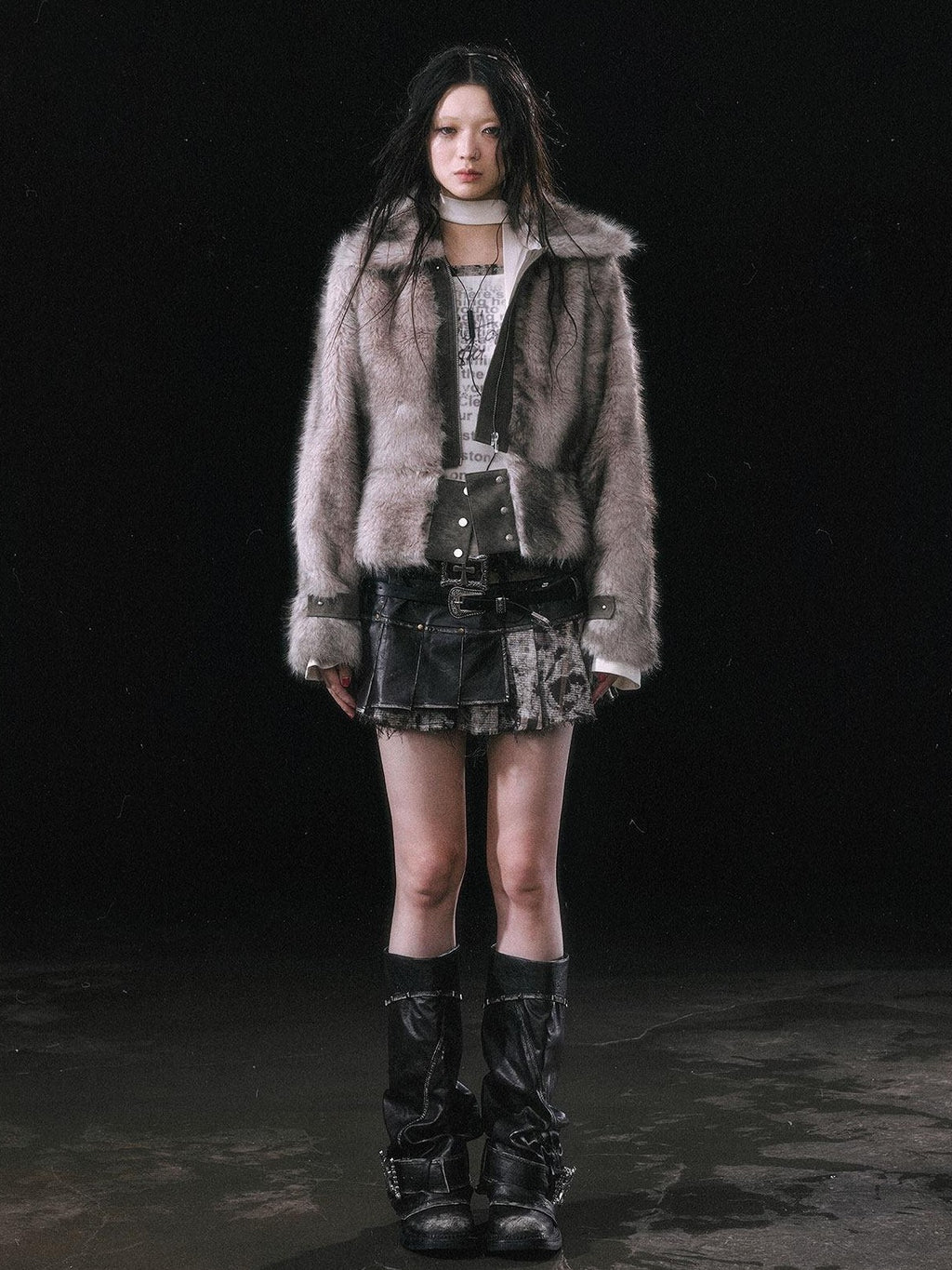 Cest Nous Thick Fur Collar Punk Street Short Fit Young Adults Silver Gray Beige Jackets