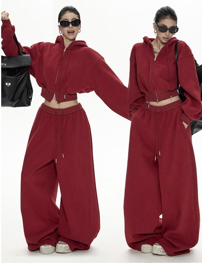 ZERO Thick Cotton Relaxed Fit Long Sleeve Women Casual Red Top & Pants Sets