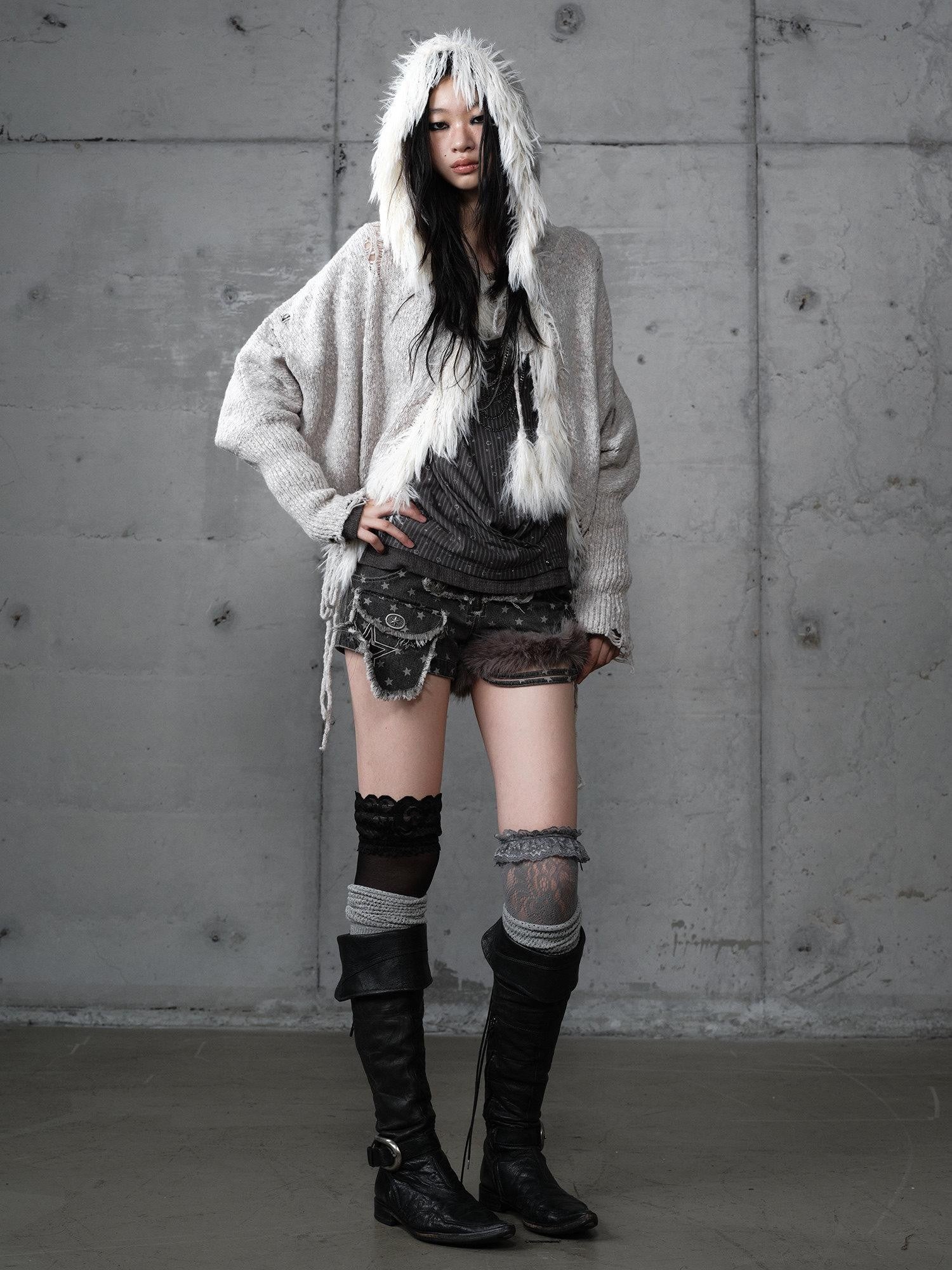 NO ROMANCE Vintage Shibuya Knitted Batwing Sleeve Hooded Women'S Knit Hoodies
