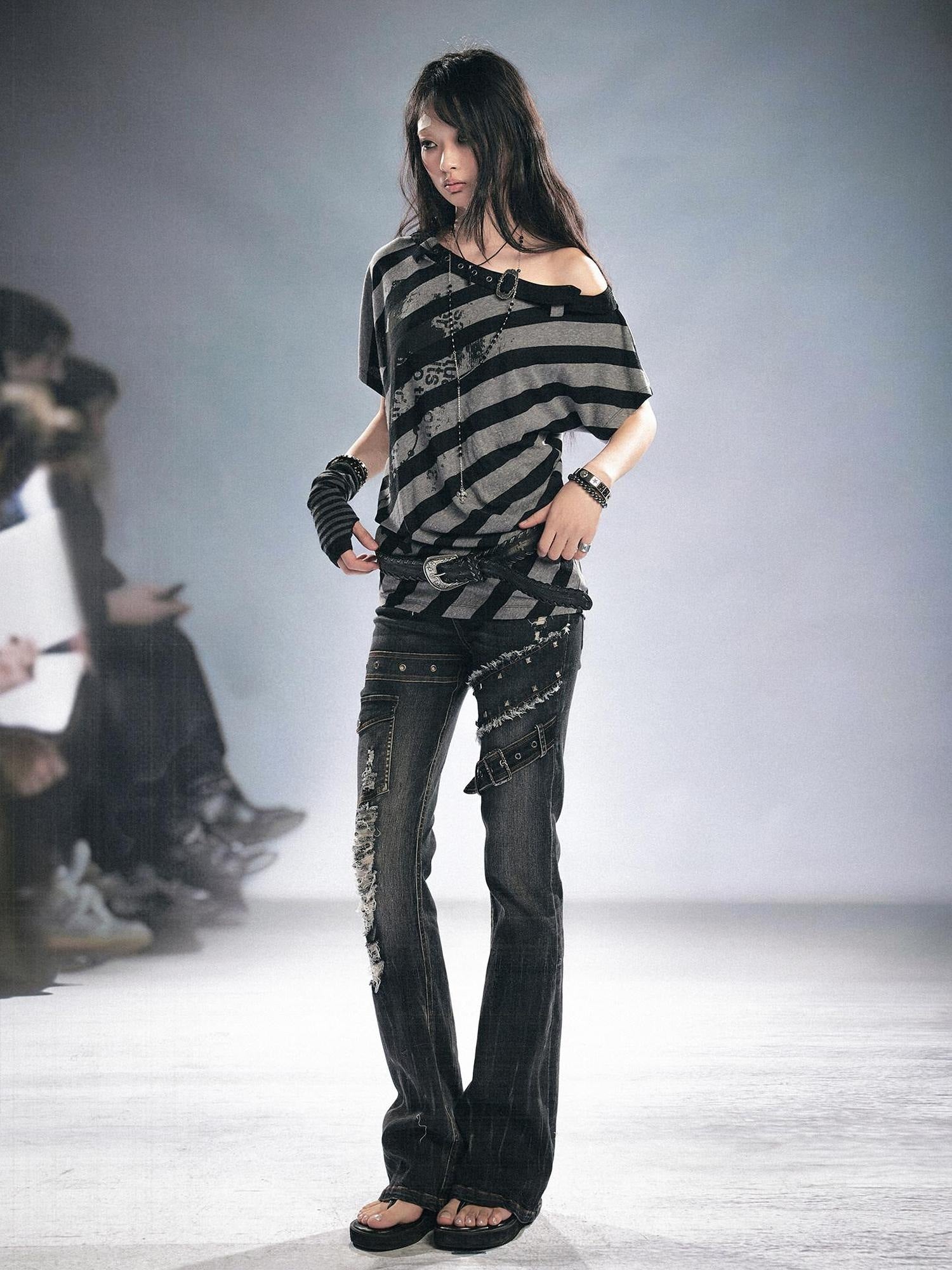 Cest Nous Punk Stripe Batwing Short Sleeve Asymmetric Neck Black Grey Offshouldercroptops