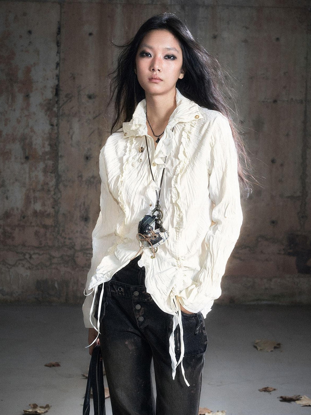 Cest Nous Punk Ruffle Check Straight Cardigan Long Sleeve Womens Casual Polyester Blouses