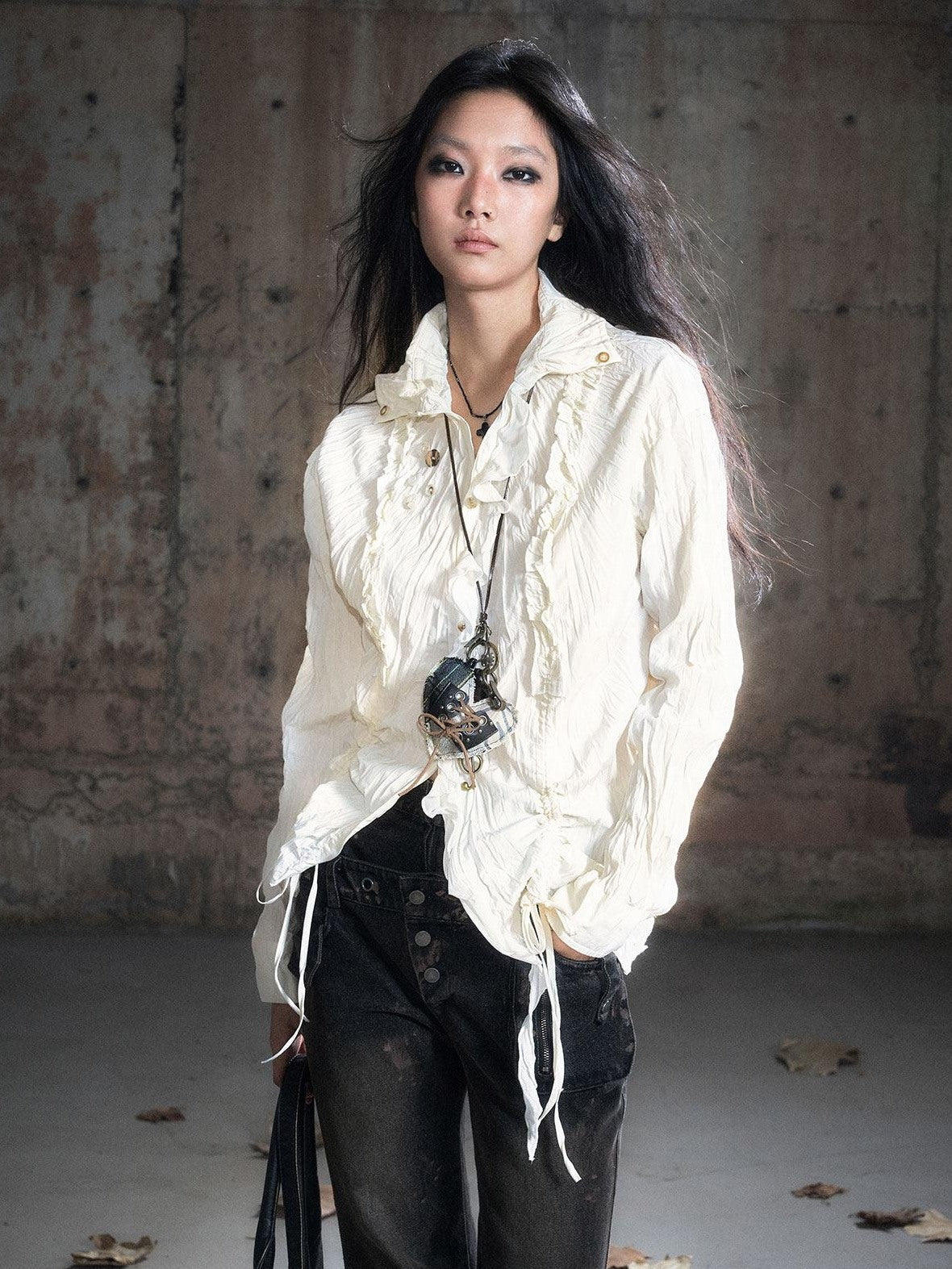 Cest Nous Punk Ruffle Check Straight Cardigan Long Sleeve Womens Casual Polyester Blouses