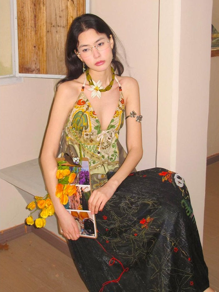 OfAkiva Floral Print Slim V-neck Tie Front Short Women Green Beige Halter Crop Tops