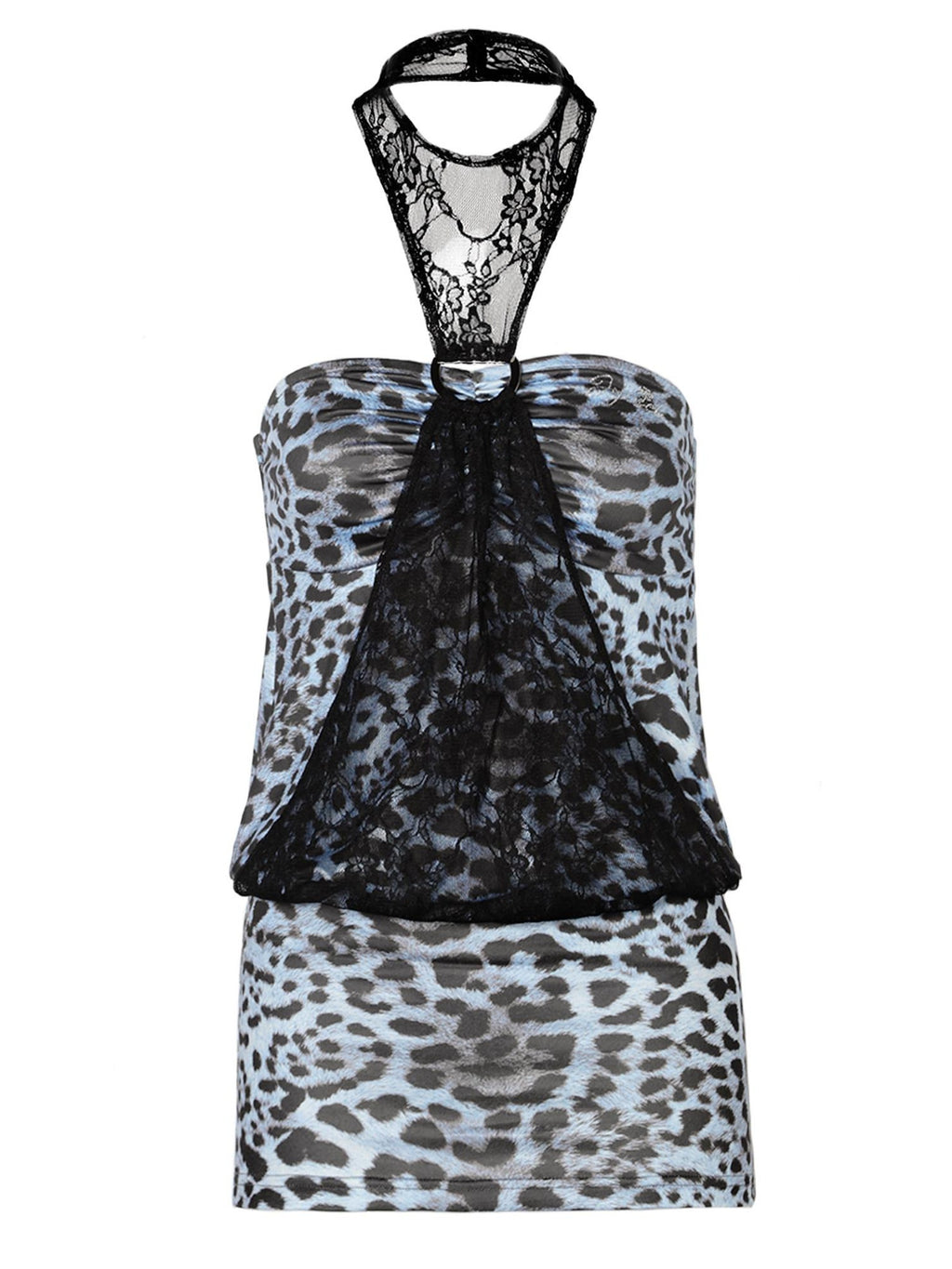JYOSEI Blue Leopard Panel Halter Neck Fitted Waist Euro Chic Casual Women Mini Dresses