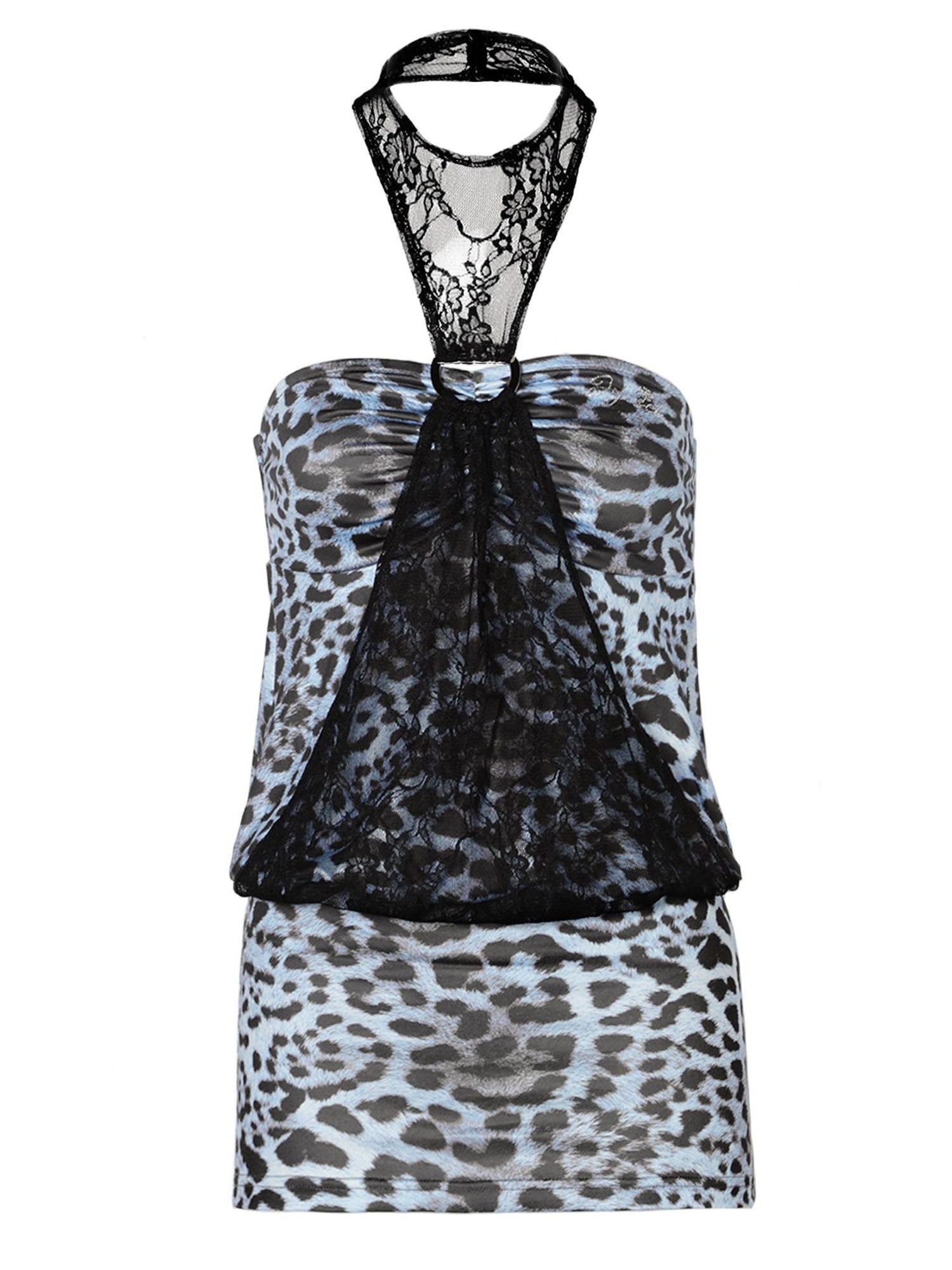 JYOSEI Blue Leopard Panel Halter Neck Fitted Waist Euro Chic Casual Women Mini Dresses
