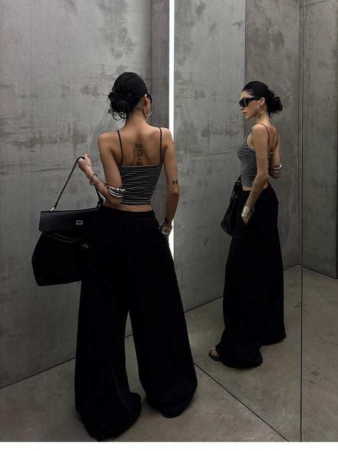 ZERO Soft Cotton Knit Casual Curved Hem Natural Waist For Teens Black Wide Leg Pants