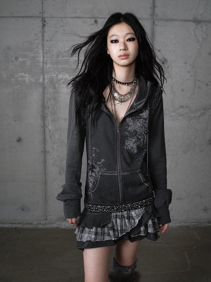 NO ROMANCE Deep Gray Y2K Printed Lace Detachable Hood Sweatshirt Women'S Mini Dresses