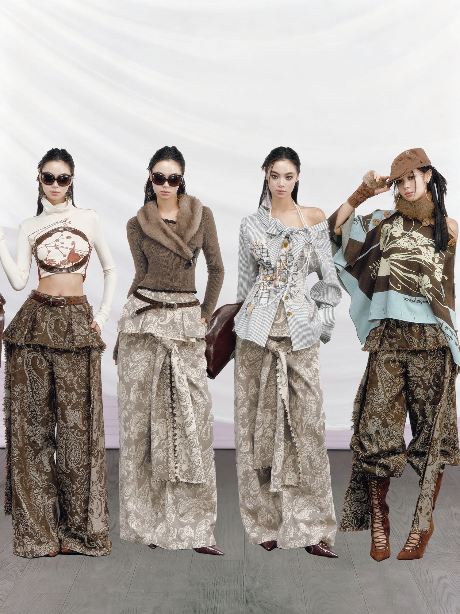OfAkiva Pleated High Waist Zipper Fly Floral Print Women No Stretch Gray Wide Leg Pants
