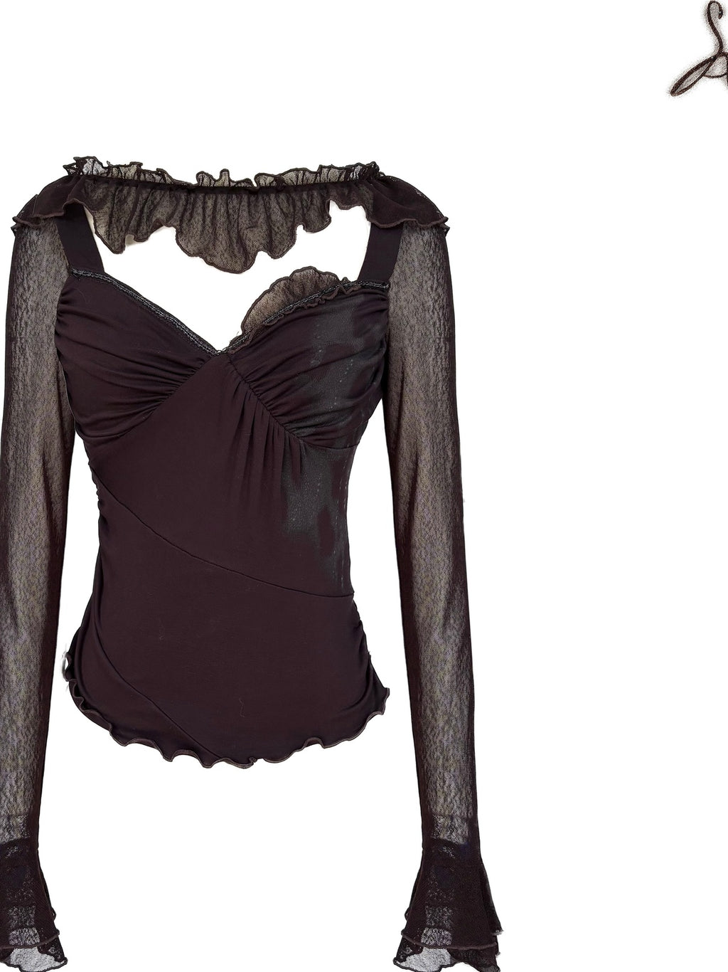 OPEN AESTHETIC Cotton Blend Vintage Lace Print Slim Bell Sleeve Dark Brown Long Sleeve T-Shirts