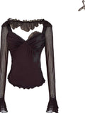OPEN AESTHETIC Cotton Blend Vintage Lace Print Slim Bell Sleeve Dark Brown Long Sleeve T-Shirts
