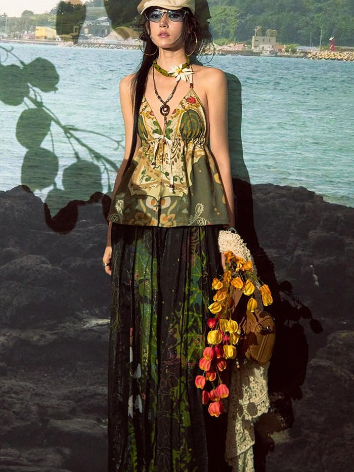 OfAkiva Dark Gothic Floral Embroidered Lantern Natural Waist Casual Women Wide Leg Pants