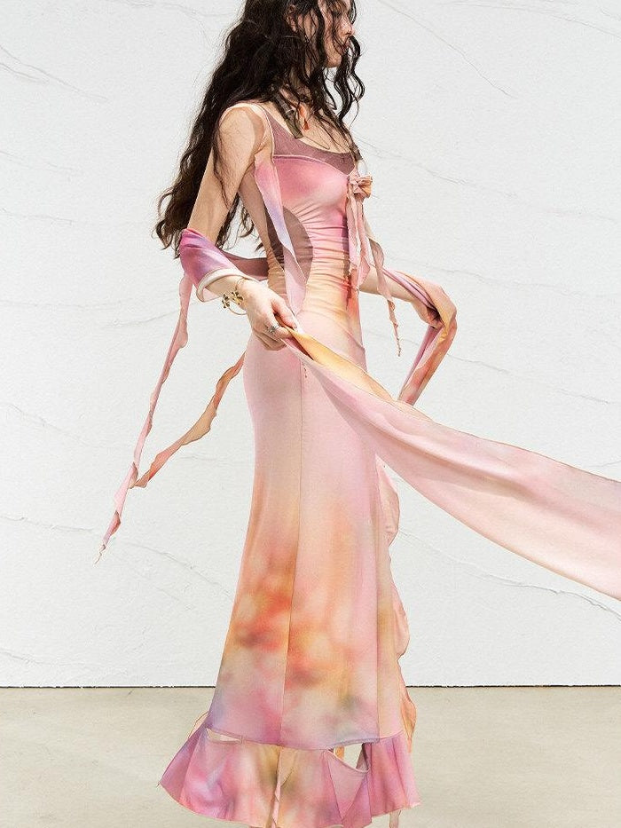 OfAkiva High Waist Irregular Knit Strappy Square Neck Casual Yellow Pink Maxi Dresses