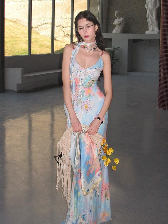OfAkiva Floral Resort High Waist Sleeveless V-neck Tie Waist Slim Fit Women Maxi Dresses